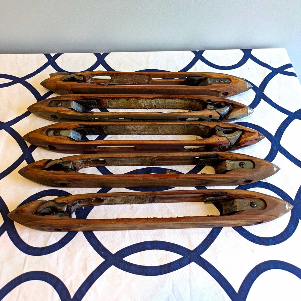 Vintage Lot of 5 Wooden Weaving Loom Shuttles with Metal Components